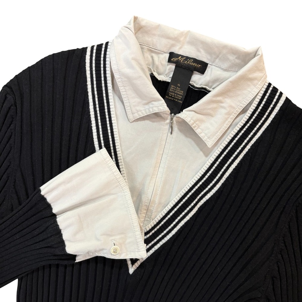 MILANO Blouse Womens‎ XL Black White Layered V Neck Ribbed Silk Blend Top